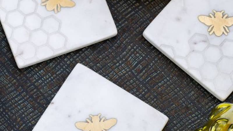 Set of 4 Marble Laser Etched Coasters with Brass Bee
