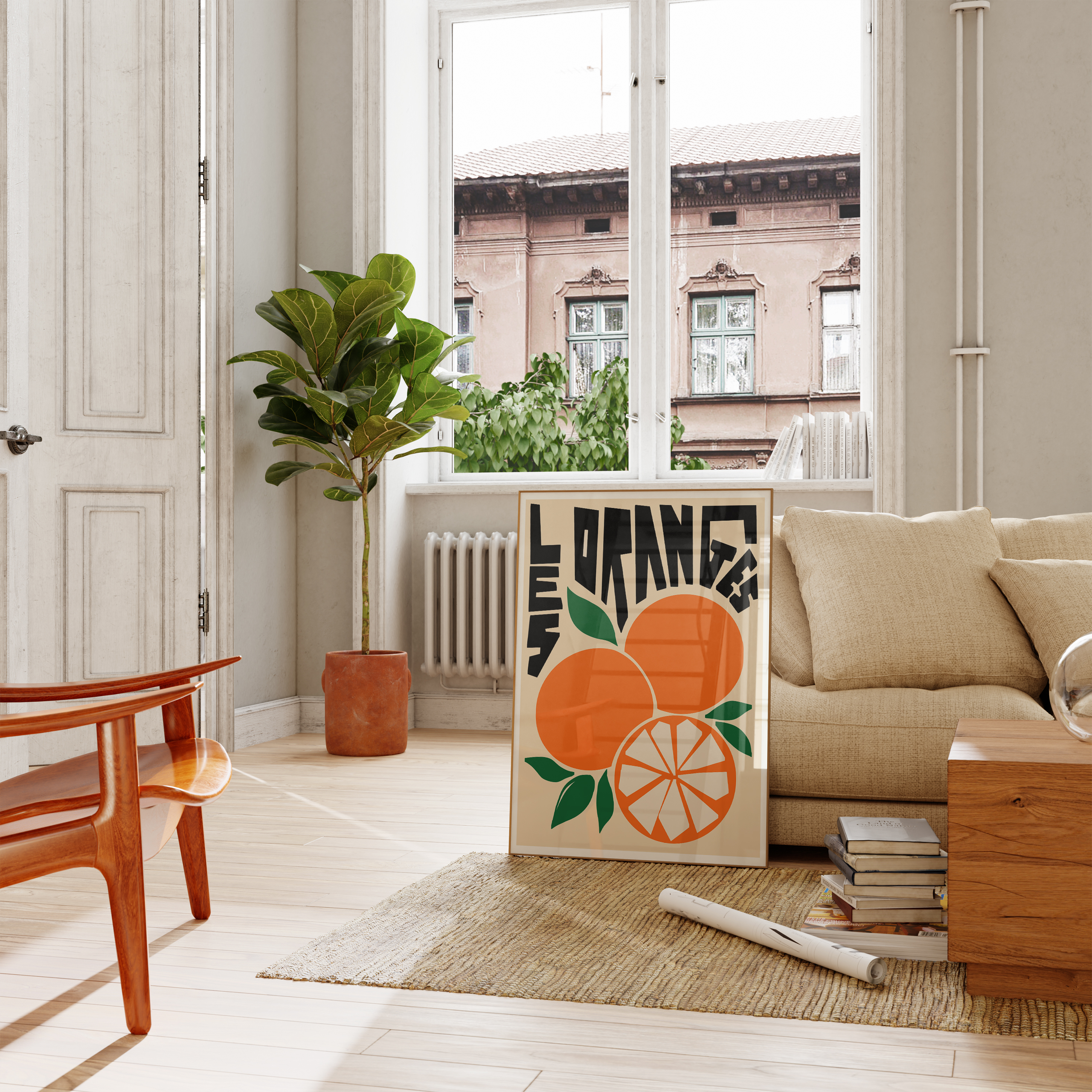 Les Oranges print with oranges on a beige background in a living room set up