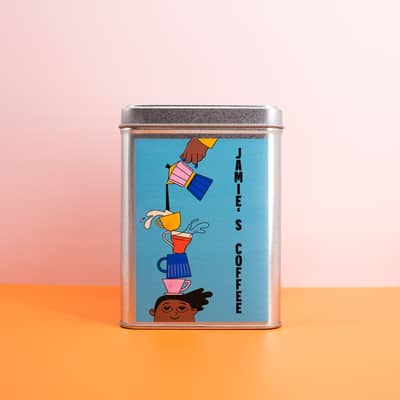 Bright, personalised coffee tin with playful illustration – perfect for daily brews