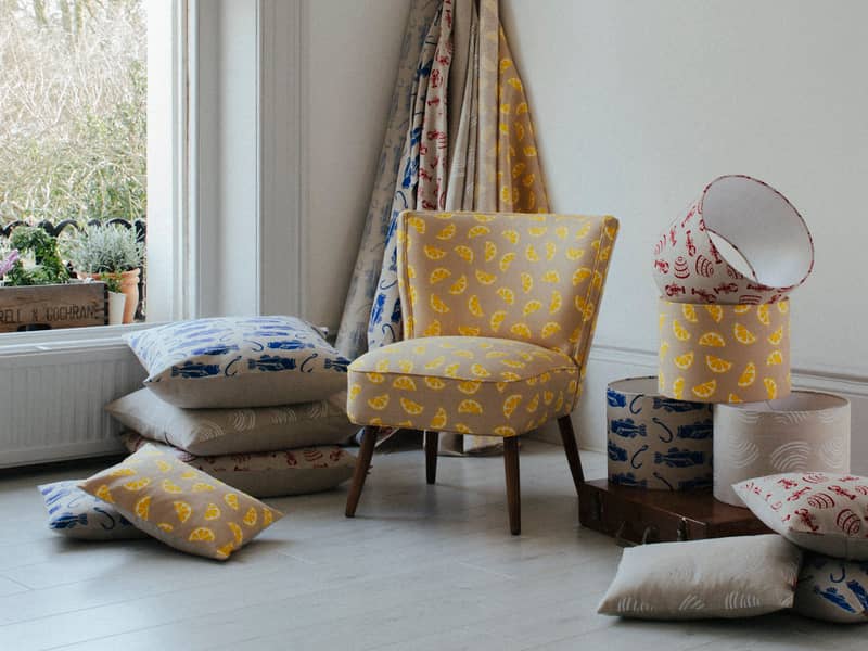 Jenny Sibthorp Lifestyle image with Lemons Cocktail Chair Cushions and Lampshades Interiors Linen