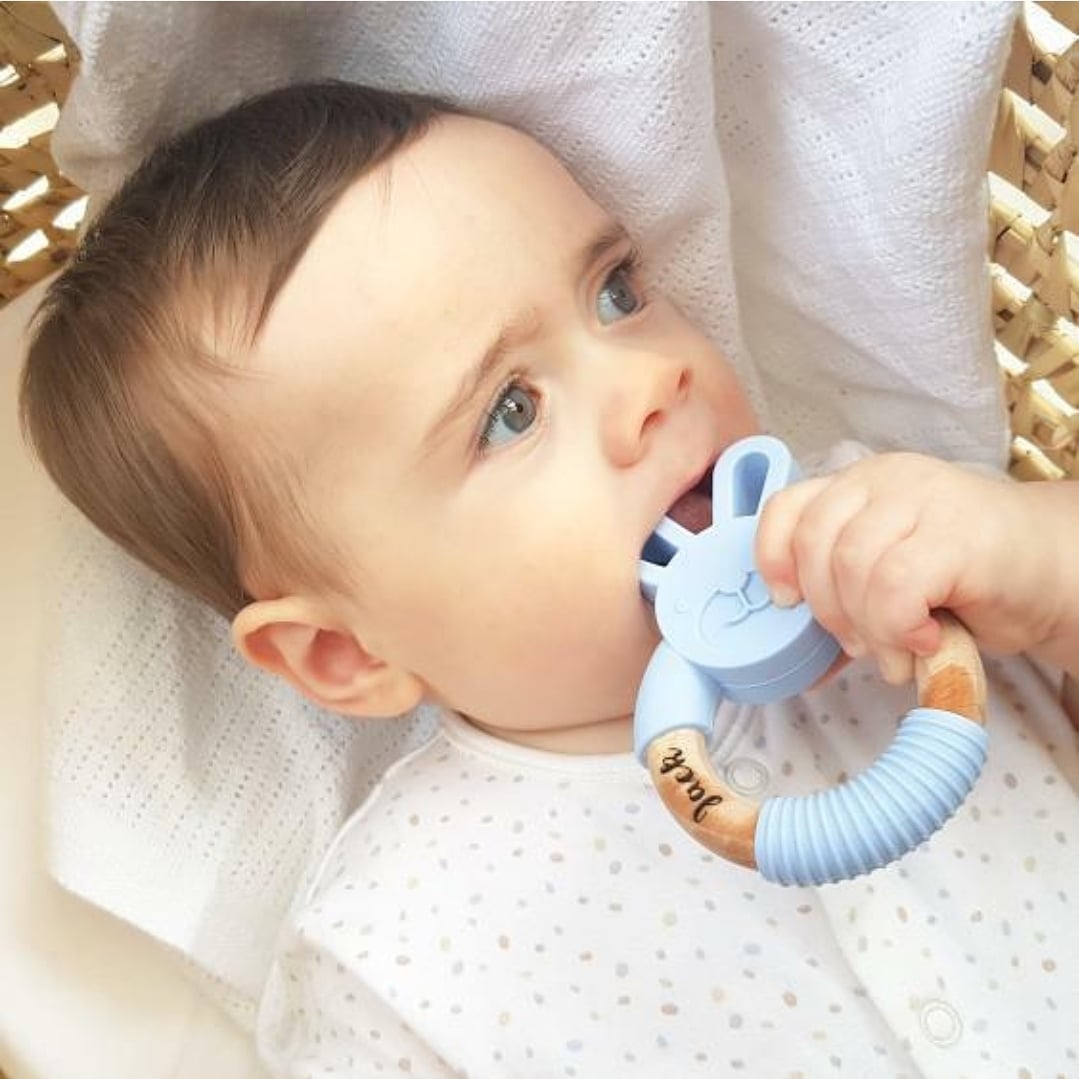 Jack with his personalised Teething toy. Silicone personalised teething bunny.