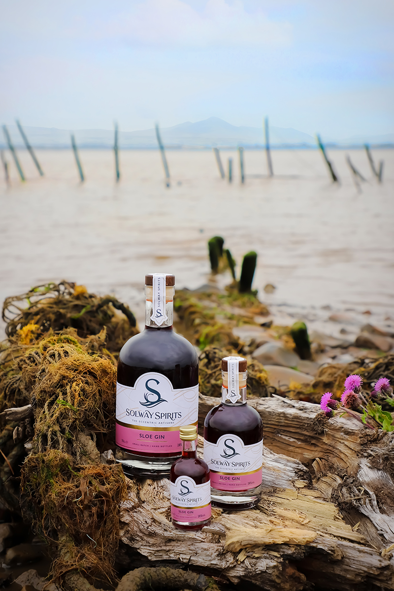 Our Sloe gin capturing the essense of the Solway firth with the half nets in the distance