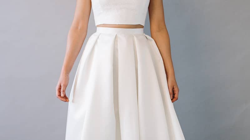 Stylish bridal separates, Guipure Lace long sleeve bridal top & elegant fitted bridal skirt. Affordable bridal separates.