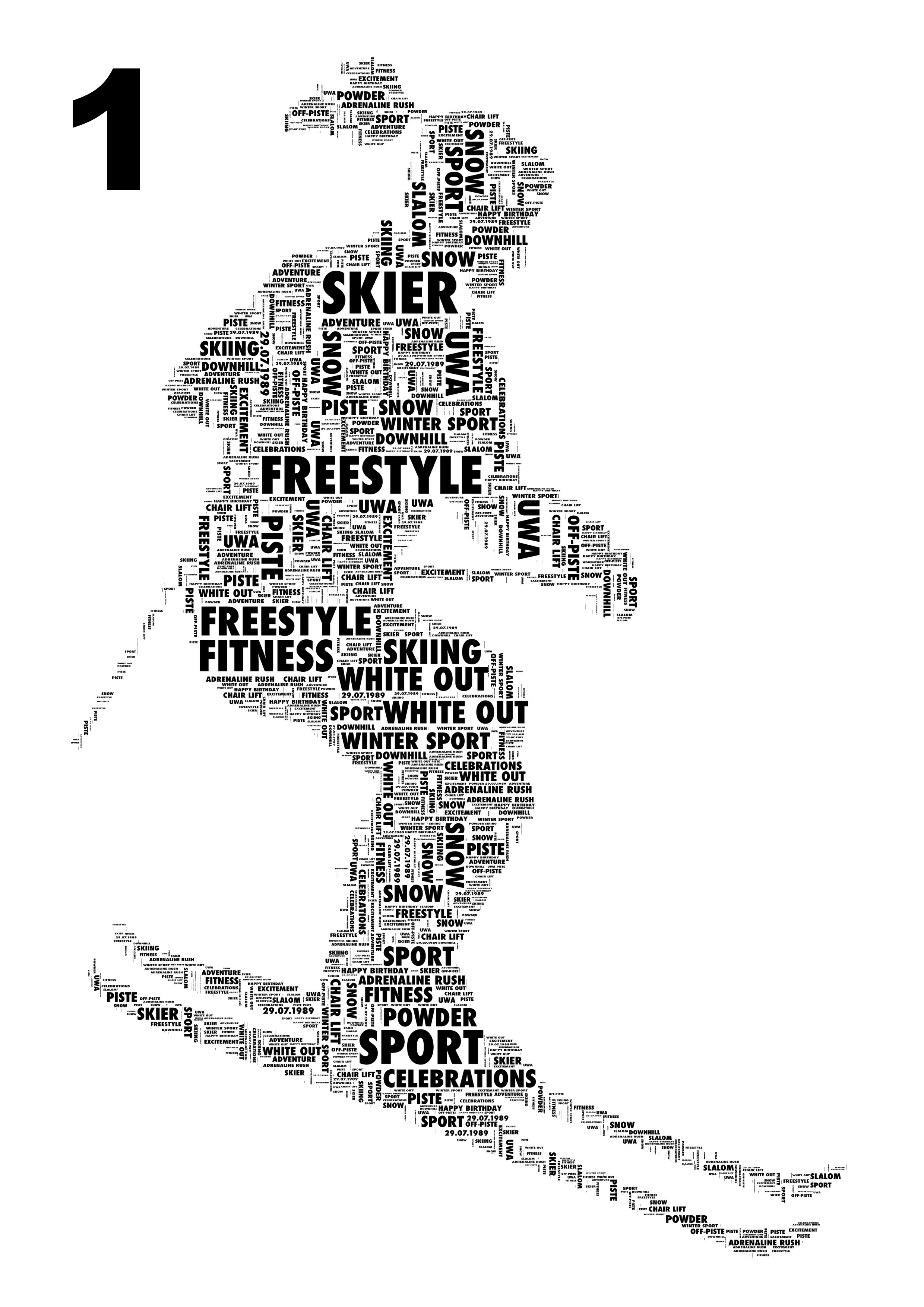 Personalised word art print of a skier. created using only Your words, for a gift that`s Different by Design..