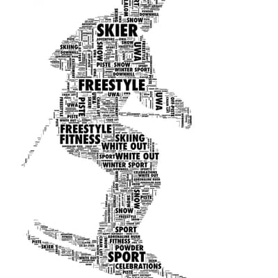 Personalised word art print of a skier. created using only Your words, for a gift that`s Different by Design..
