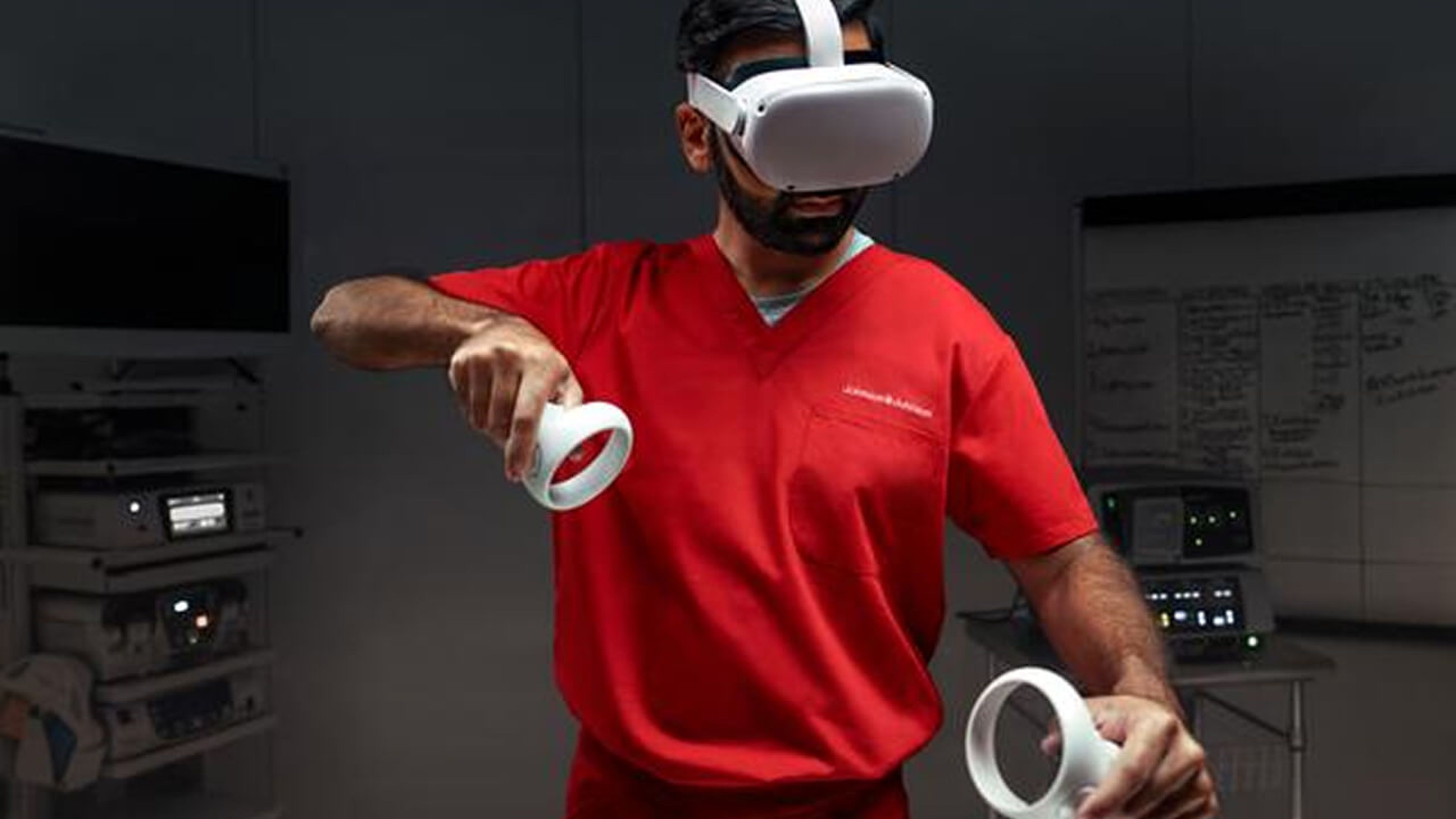 person using VR headset and controllers
