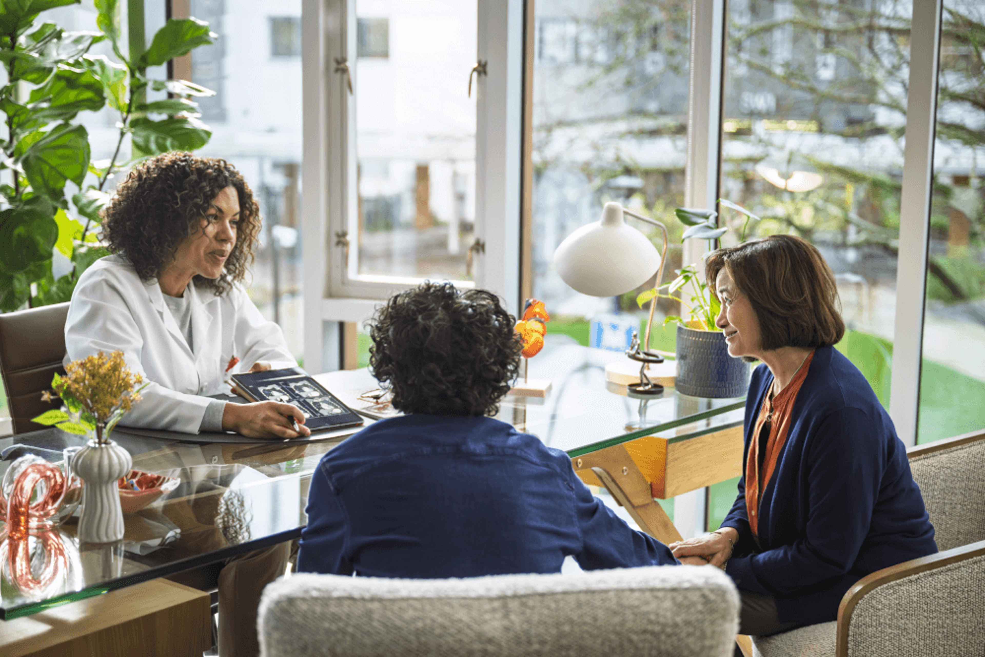 Patient meeting with a cardiologist during a consultation, accompanied by a loved one in a bright, comfortable office.