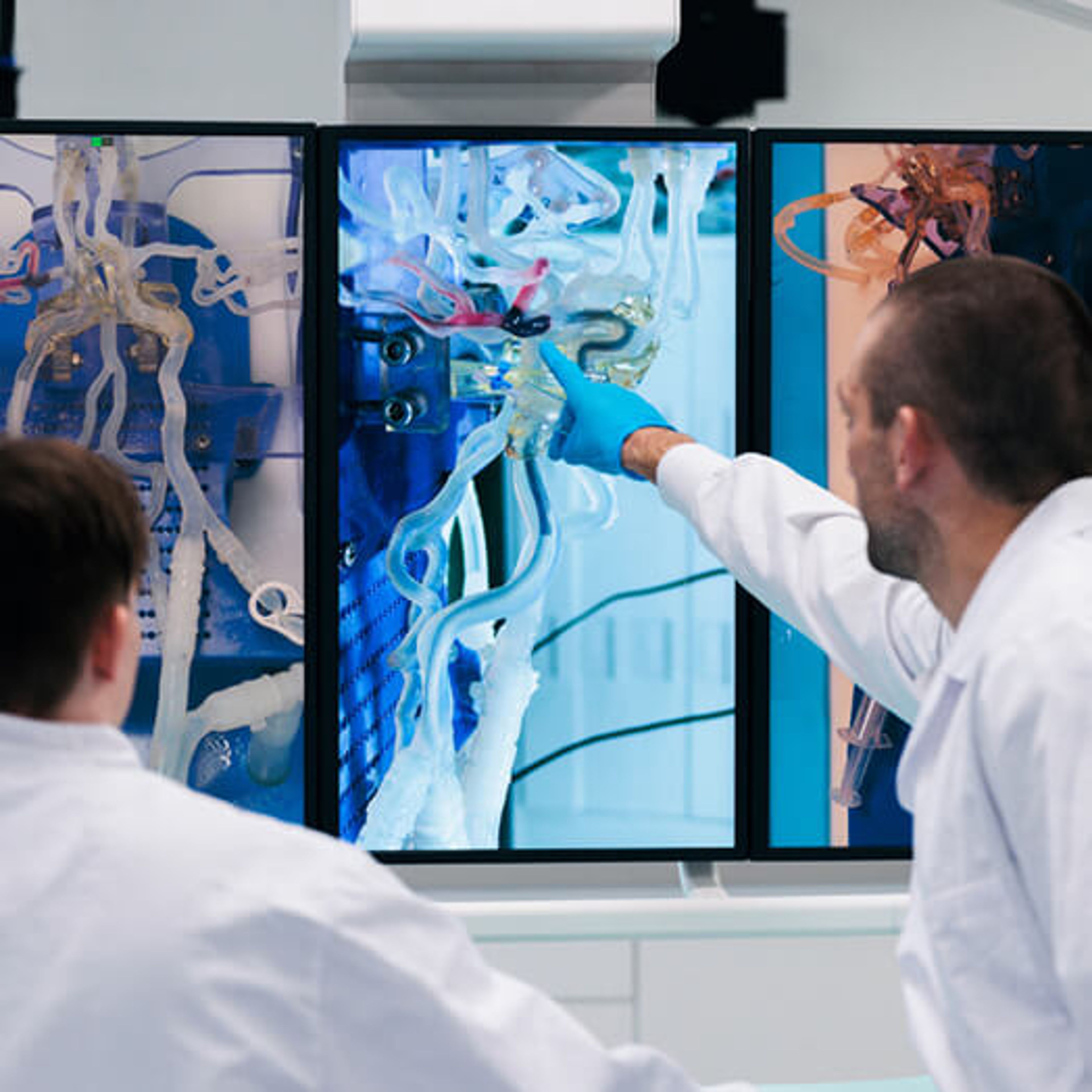 Two scientists pointing at a screen with medical imagery on it