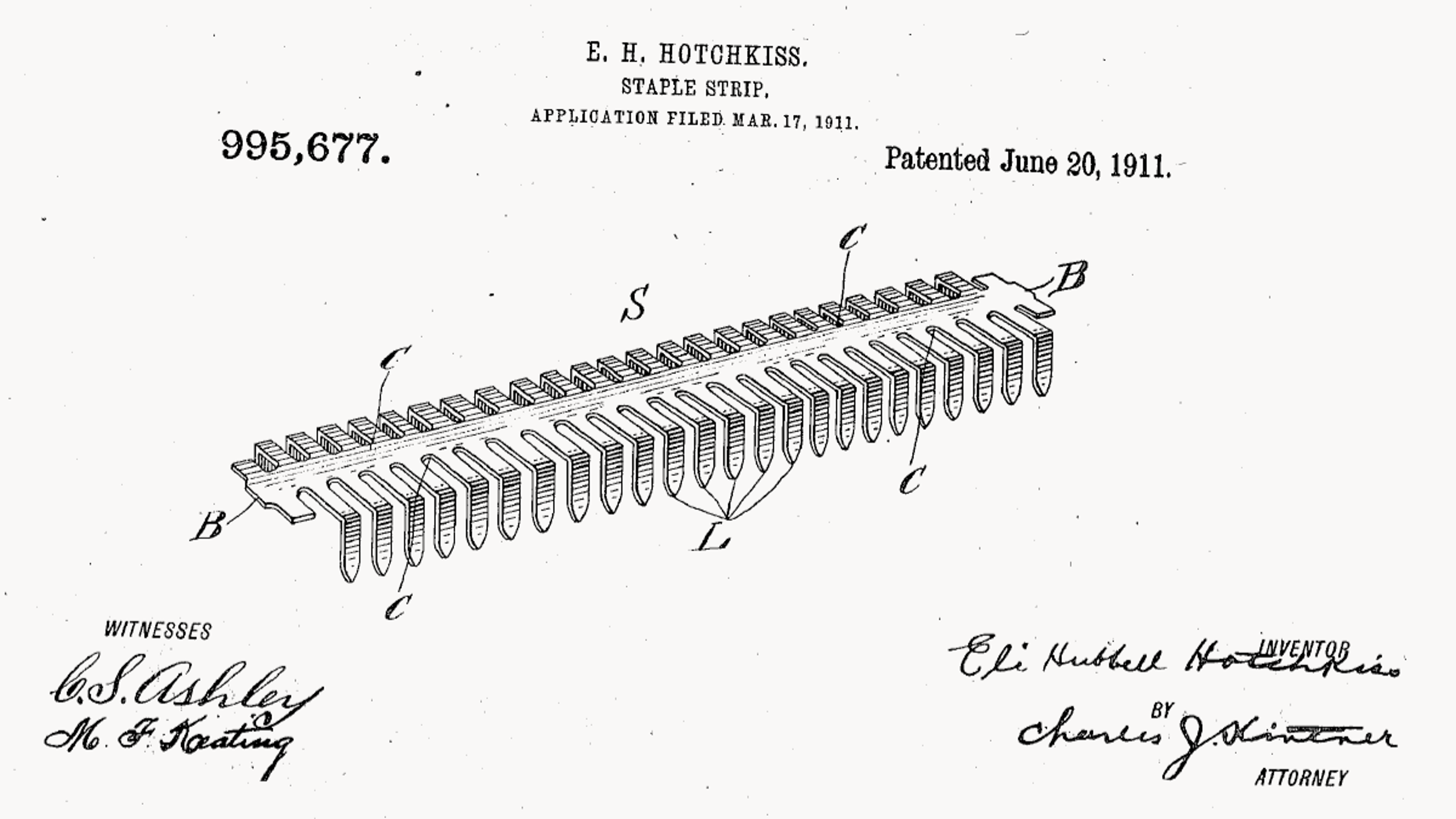 Patent for the staple strip by Eli H. Hotchkiss