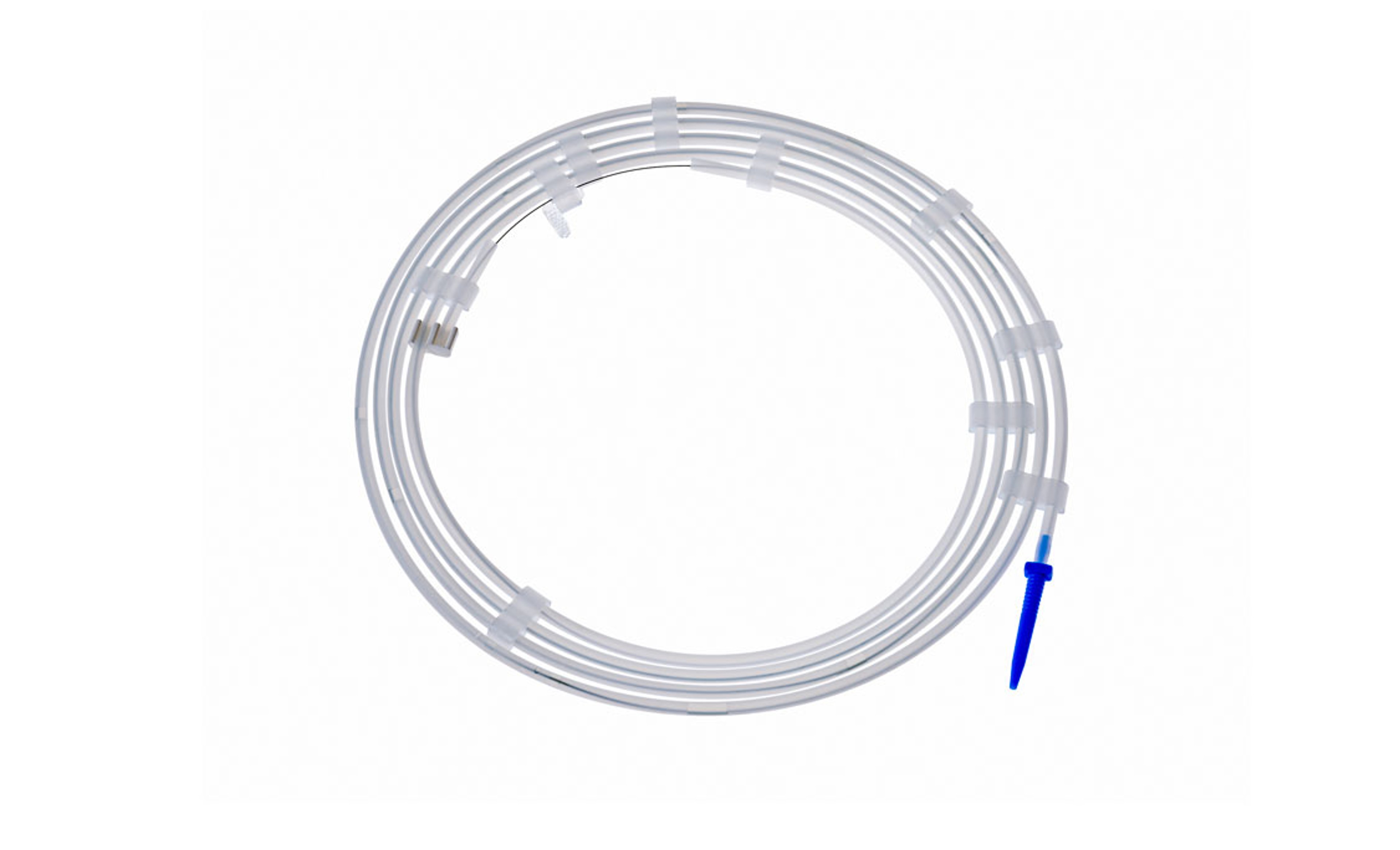 Coiled medical guidewire with a smooth white sheath and a blue tapered tip.