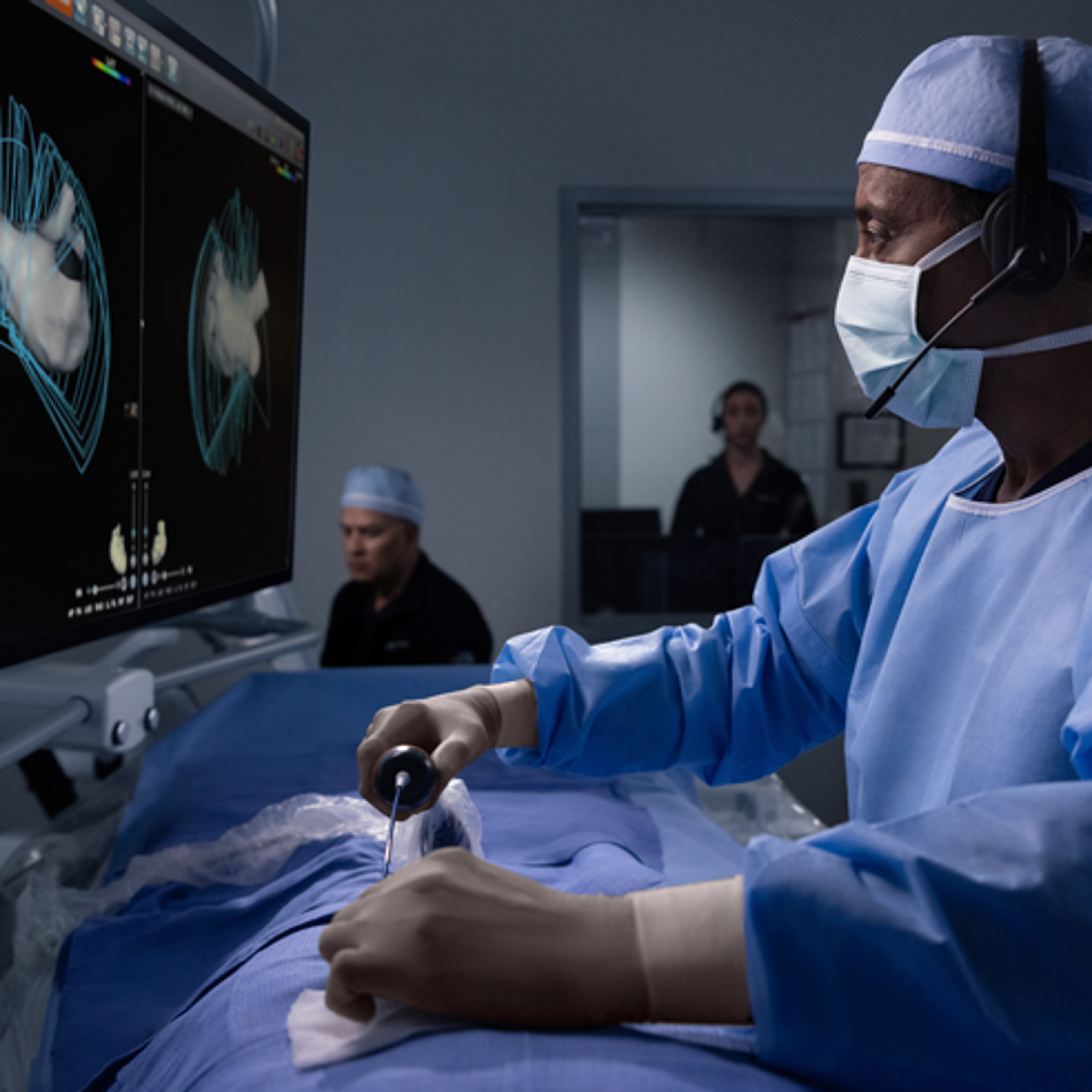 Electrophysiologist using the SOUNDSTAR™ Ultrasound Catheter with the CARTOSOUND FAM™ Module to generate a CARTO™ 3 System map of left atrial geometry, viewed on the monitor during the procedure.