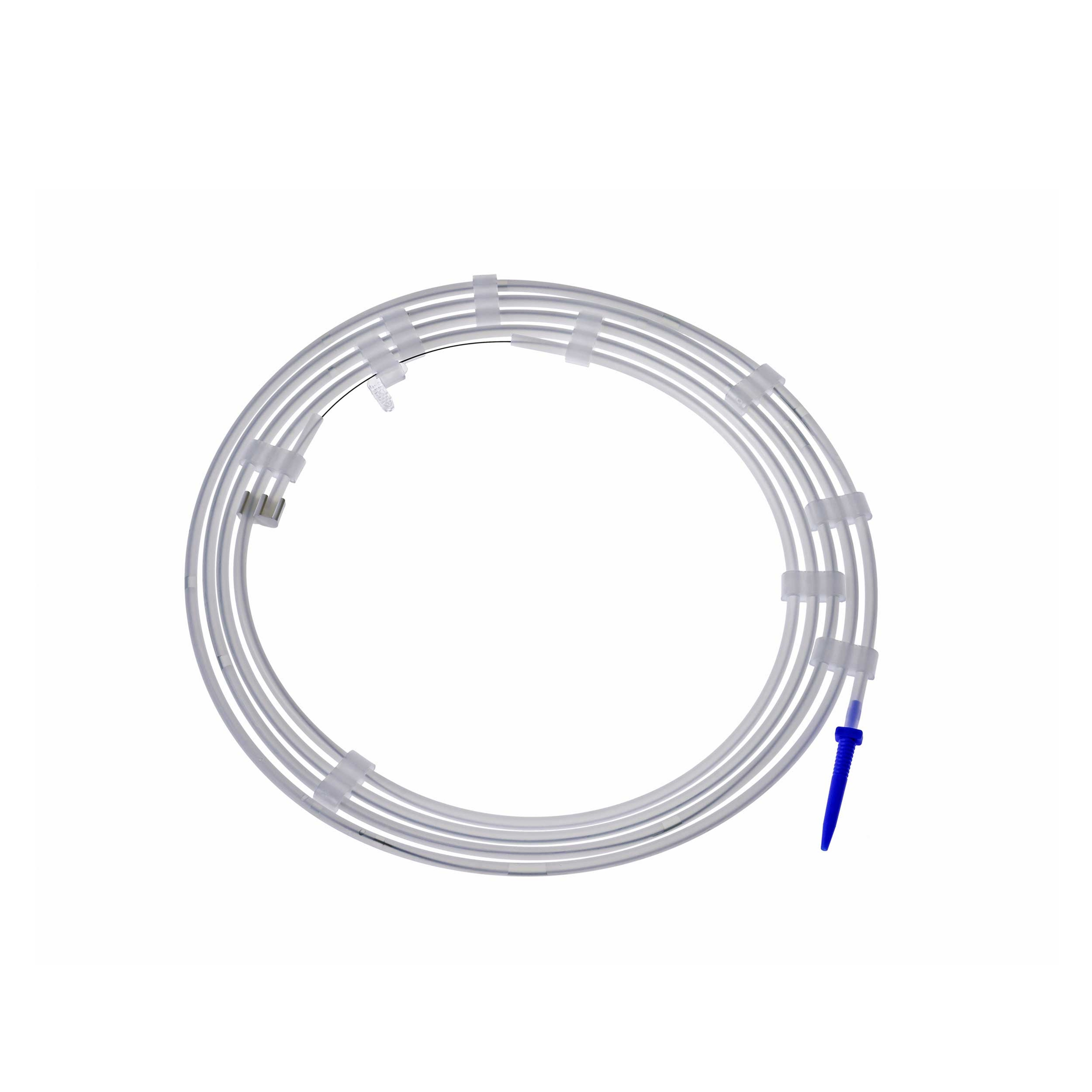 Coiled medical guidewire with white tubing secured by clips and a blue tapered tip at one end, designed for cardiovascular procedures.