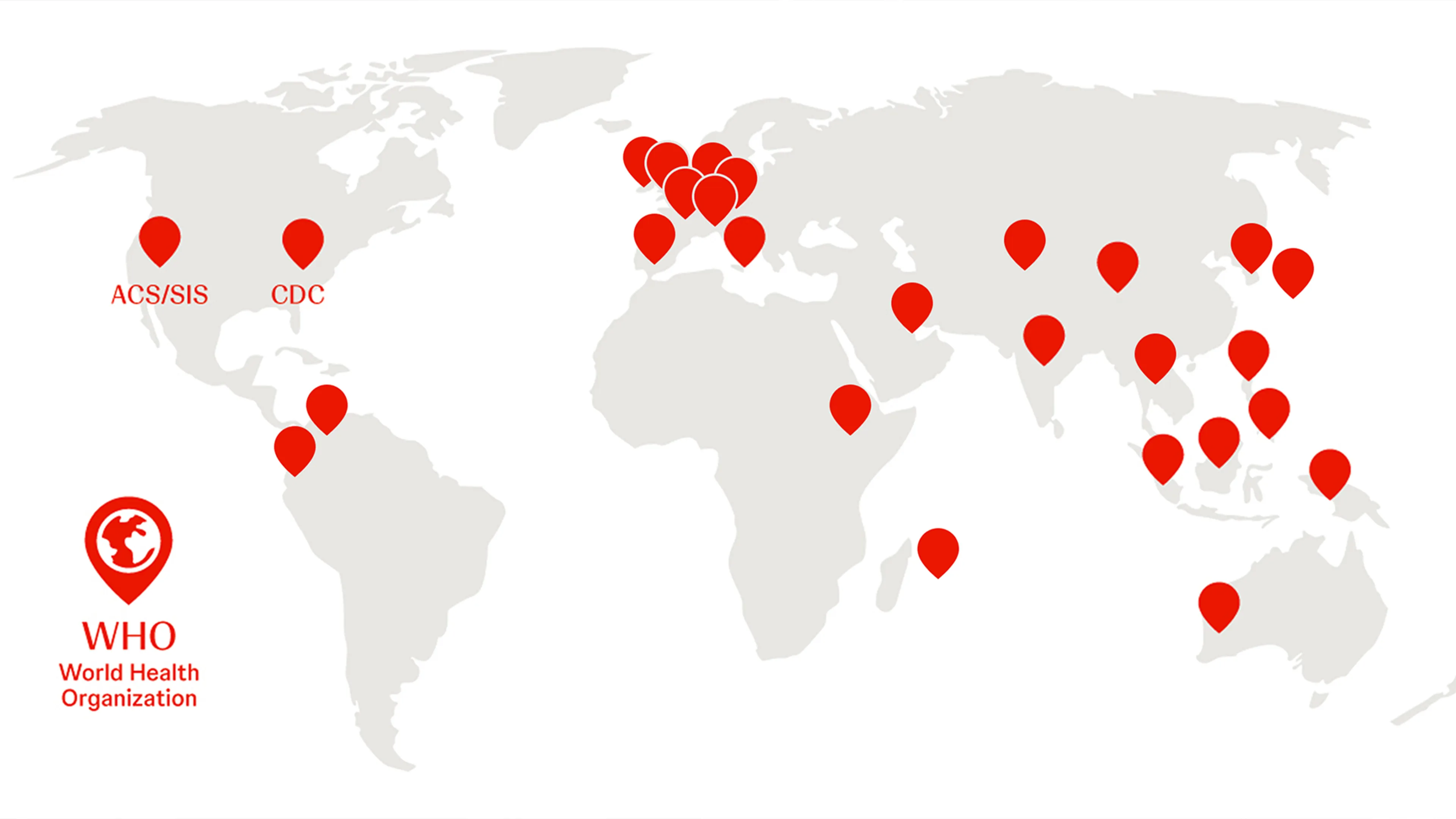 Map of the world with pins pointing out 25 health organizations.