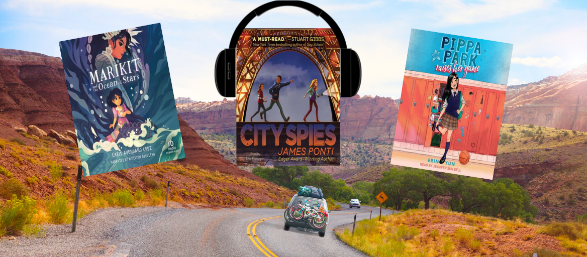 Photo of a car driving down a road with mountains in the background. Three audiobook titles are featured with a pair of black headphones hanging on one of the titles. 
