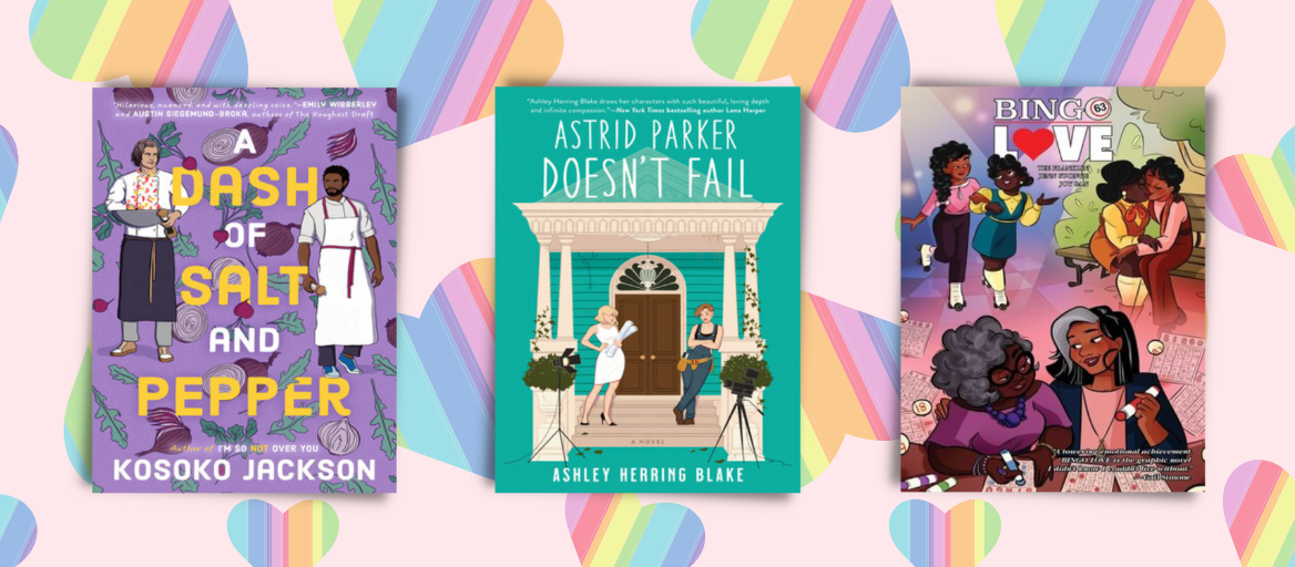 Three featured book covers on a pink background with rainbow hearts