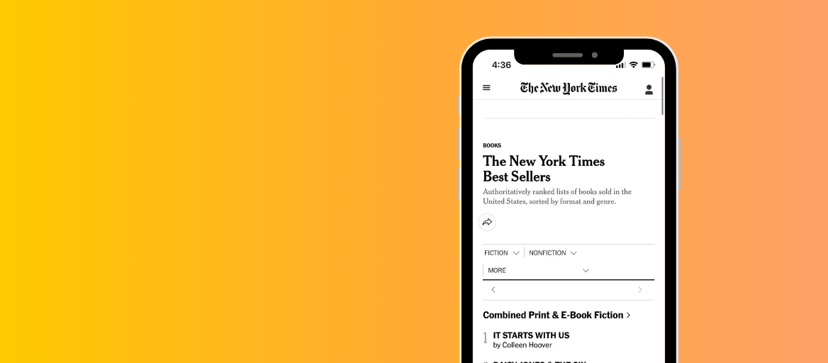 Yellow background with an image of a phone displaying the New York Times Best Sellers list