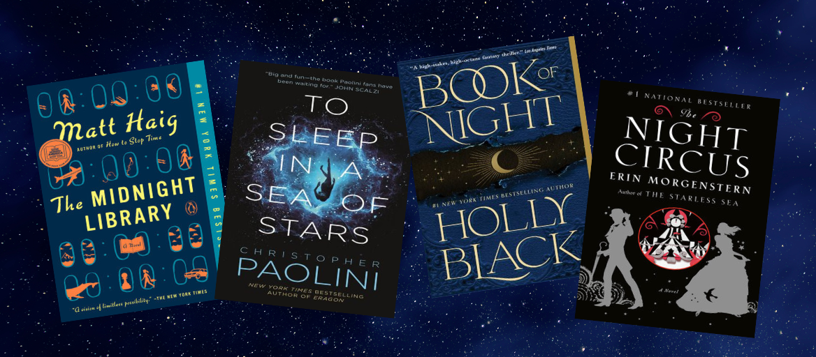 Night-themed book covers against a dark, starry sky.