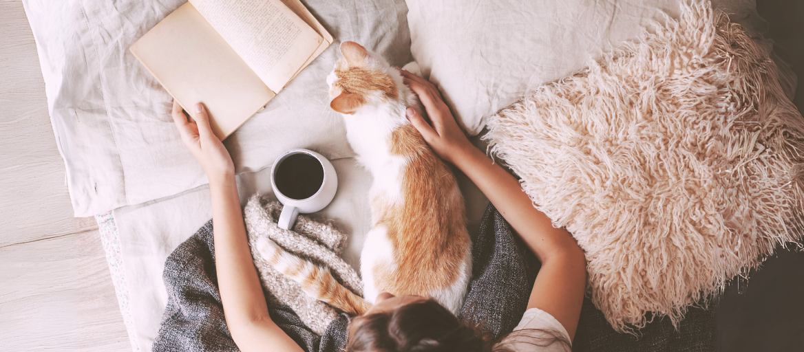 A person reading a book on a bed with a cat and a cup of coffee.