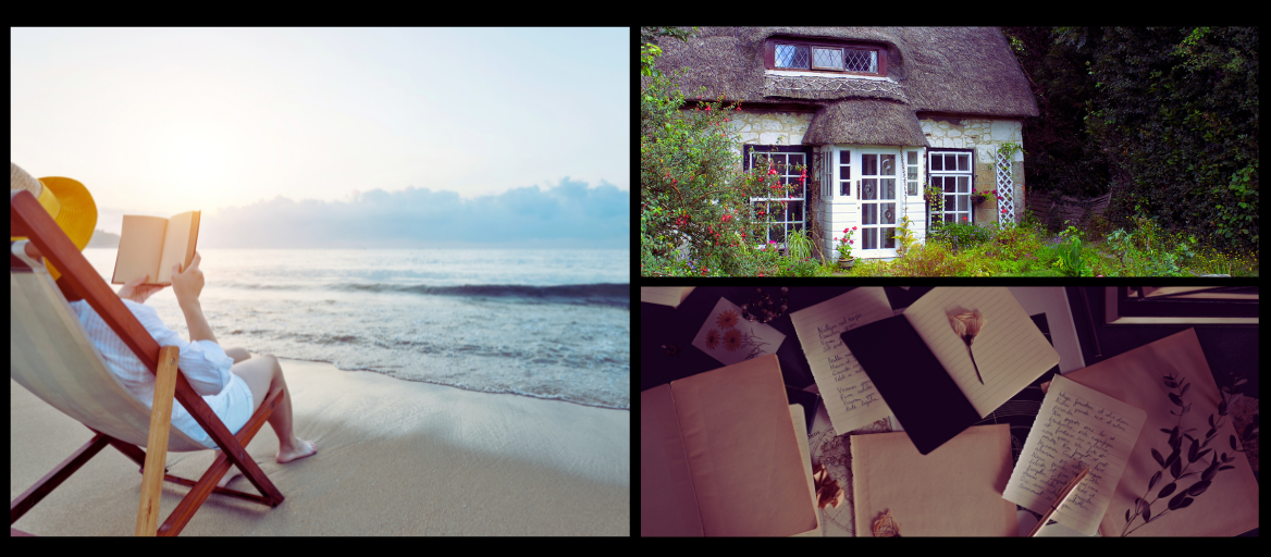 A photo collage: Photo 1 is a woman reading by the beach; Photo 2 is a quaint cottage; Photo 3 is a dark photo of papers and books on a desk. 