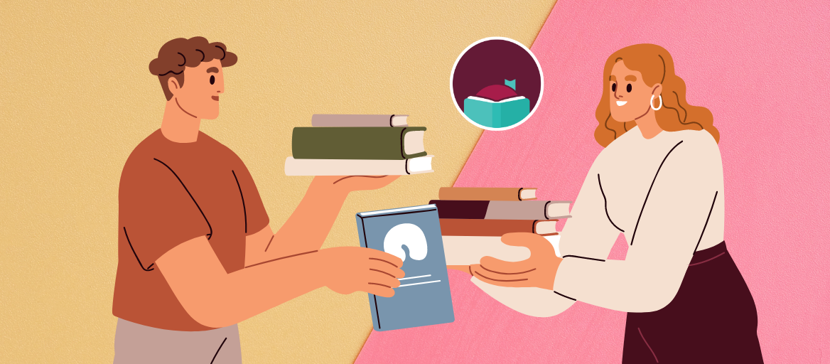 Illustration of 2 people swapping books with the Libby app logo
