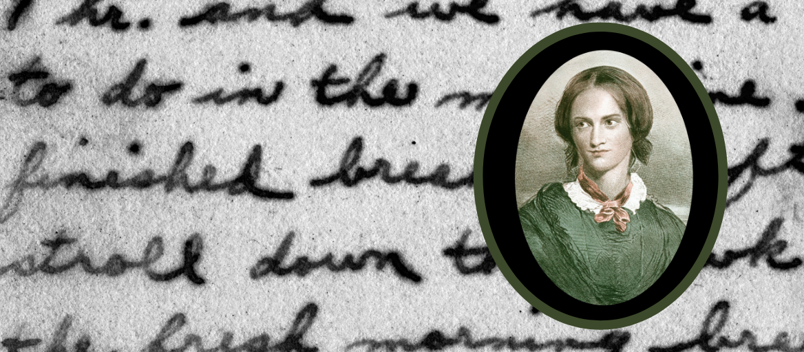 A photo of Charlotte Bronte on the right with a background of a handwritten page with cursive writing. 