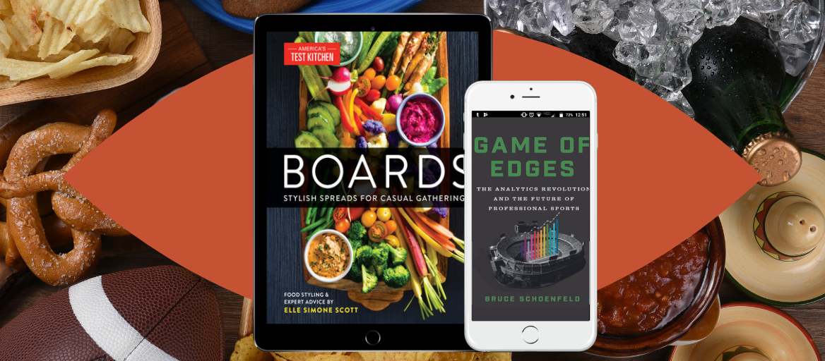 Table of appetizers and snacks with tablets featuring the ebooks "Boards" and "Game of Edges."