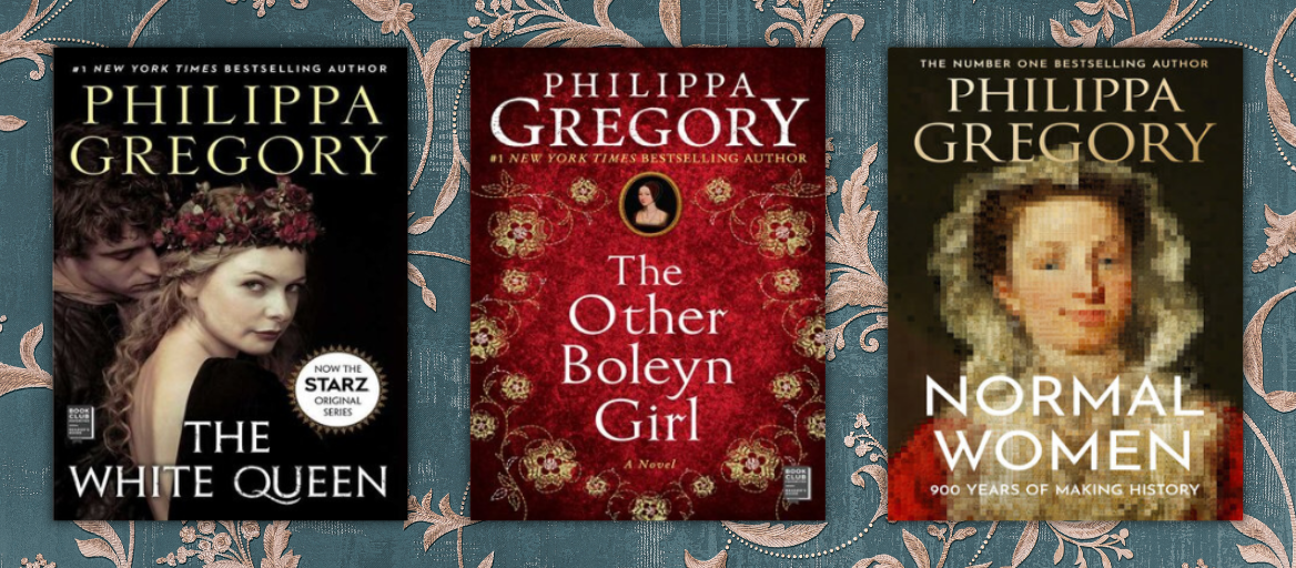 Phillipa Gregory book covers on a vintage floral wallpaper background