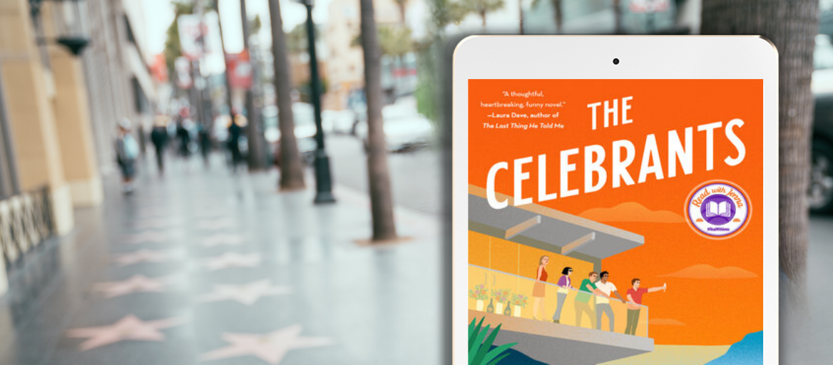 A photo of the Hollywood Walk of Fame with a phone featuring the title "The Celebrants"