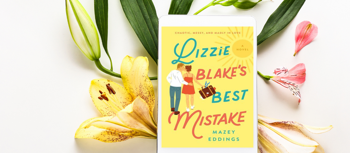 A tablet featuring the title "Lizzie Blake's Best Mistake" with flowers in the background