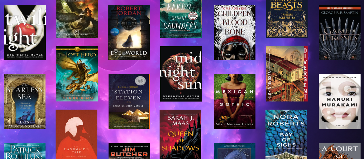 A collage of fantasy book covers with an ethereal pink and purple background