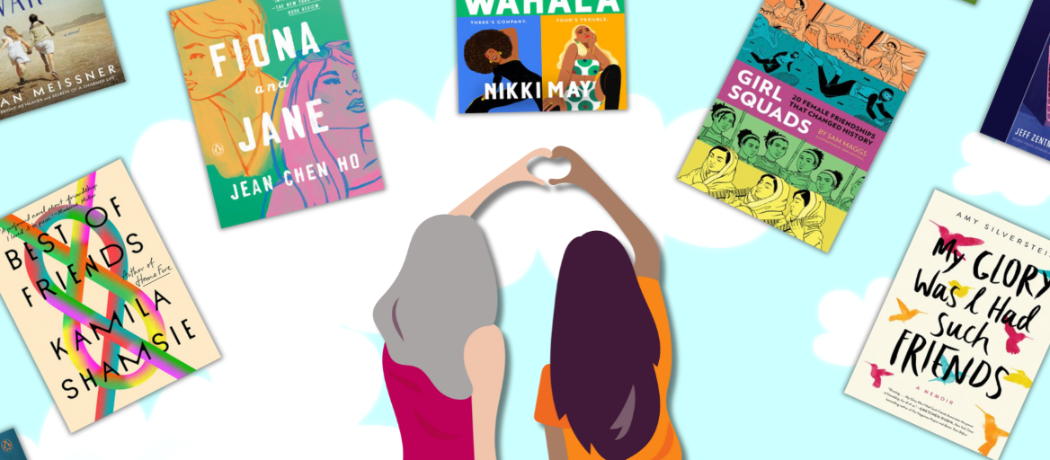 Two women create a heart with their hands. A blue sky with clouds and book covers are in the background.