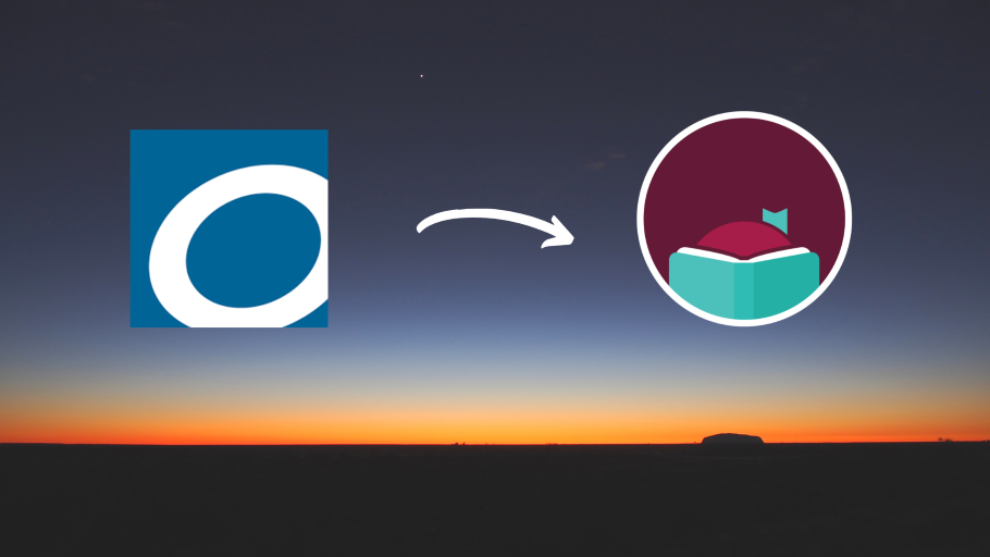 Sunset in the distance with the OverDrive app icon and an arrow pointing to the Libby app icon