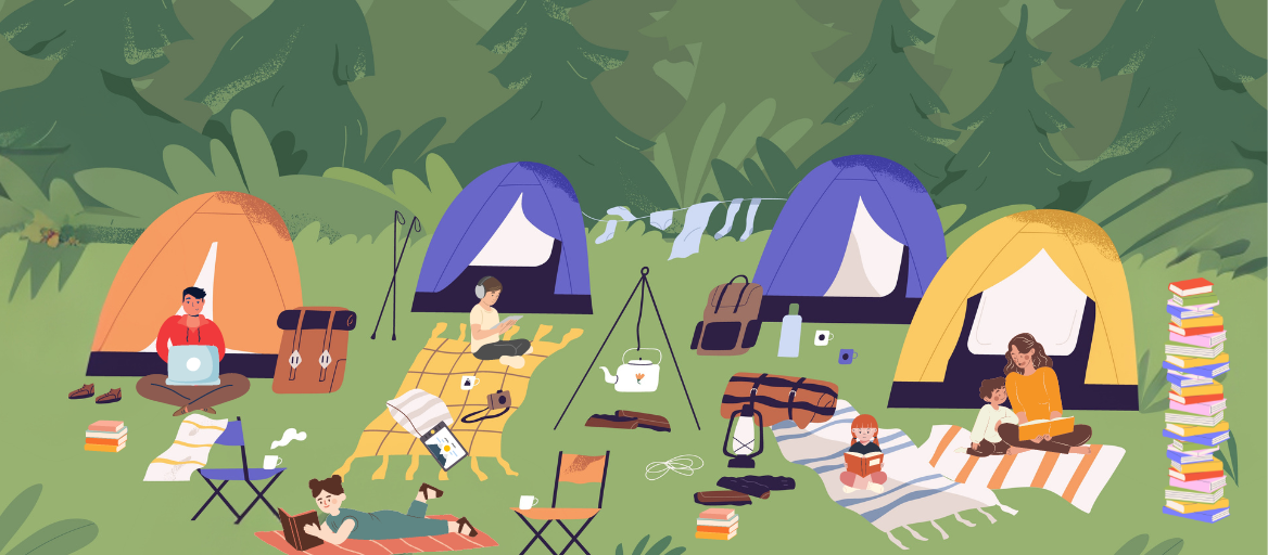 Illustration of a family camping and enjoying books