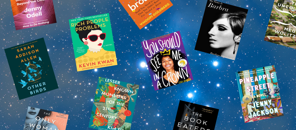 An assortment of book covers floating against a starry night sky