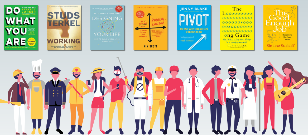 An illustrated line-up of people of varying occupations and featured books about careers