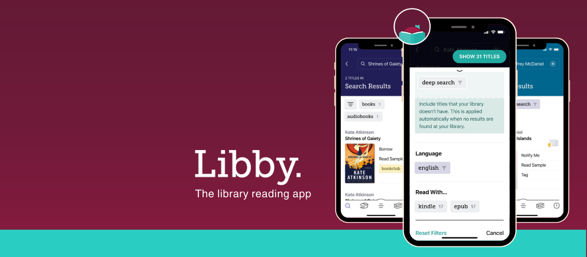Wine colored background with 3 phones featuring different screenshots of the Libby app interface. A Libby logo with the tagline "The library reading app"