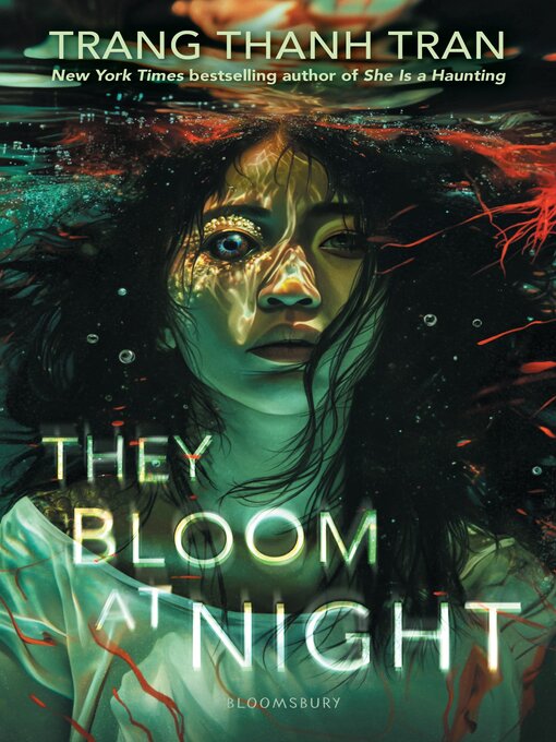 A haunting illustration of a young woman submerged underwater, her wide eyes glowing unnaturally as strands of her hair float around her. Crimson threads or roots swirl through the water, adding a surreal and eerie tone.