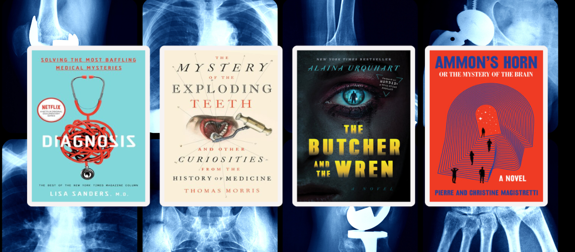 Medical mystery books with x-rays in the background