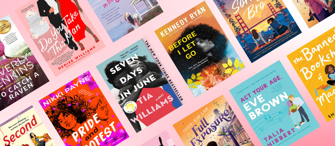 A collage of romance book covers on a pink background