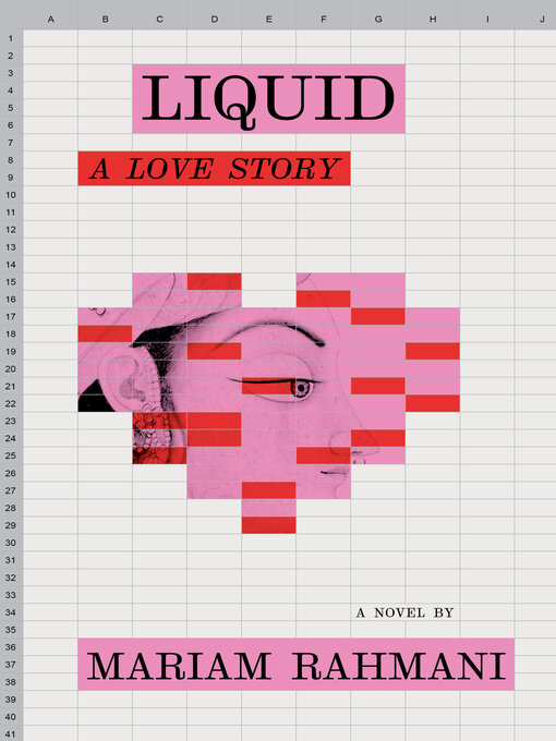 The background resembles an Excel spreadsheet. The center features a fragmented image of a pink-toned face, stylized with red blocks, forming a heart shape.