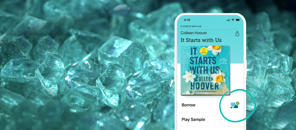 Blue-green crystal gems with a phone featuring the cover of the book "It Starts With Us" by Colleen Hoover