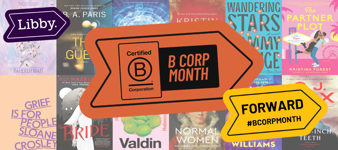 Book covers and B Corp logo with copy: B Corp Month, Forward #BCorpMonth