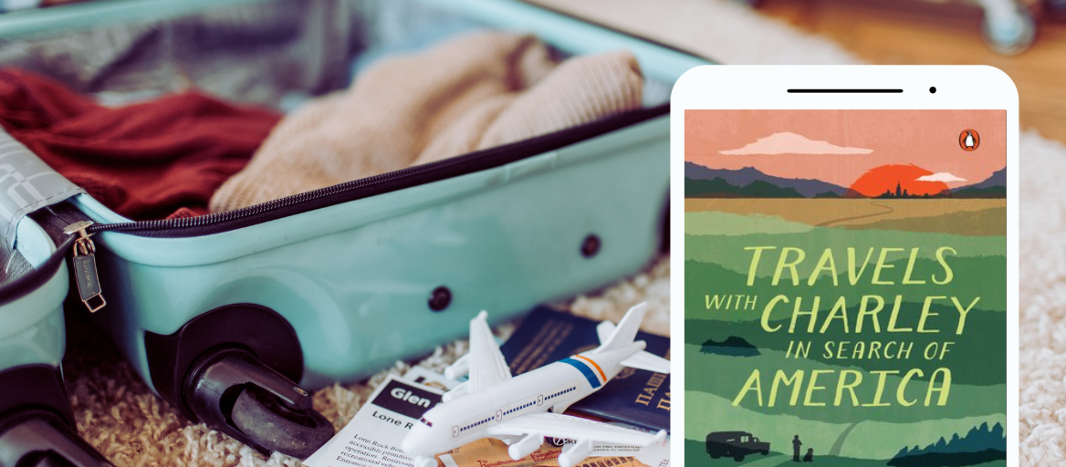 A blue suitcase sits on a floor, packed with clothes. A phone features the cover of the book "Travels with Charley in Search of America."