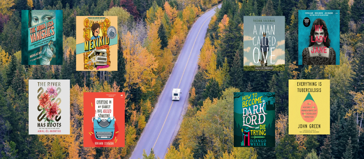 Aerial view of an RV driving on the open road and audiobook covers