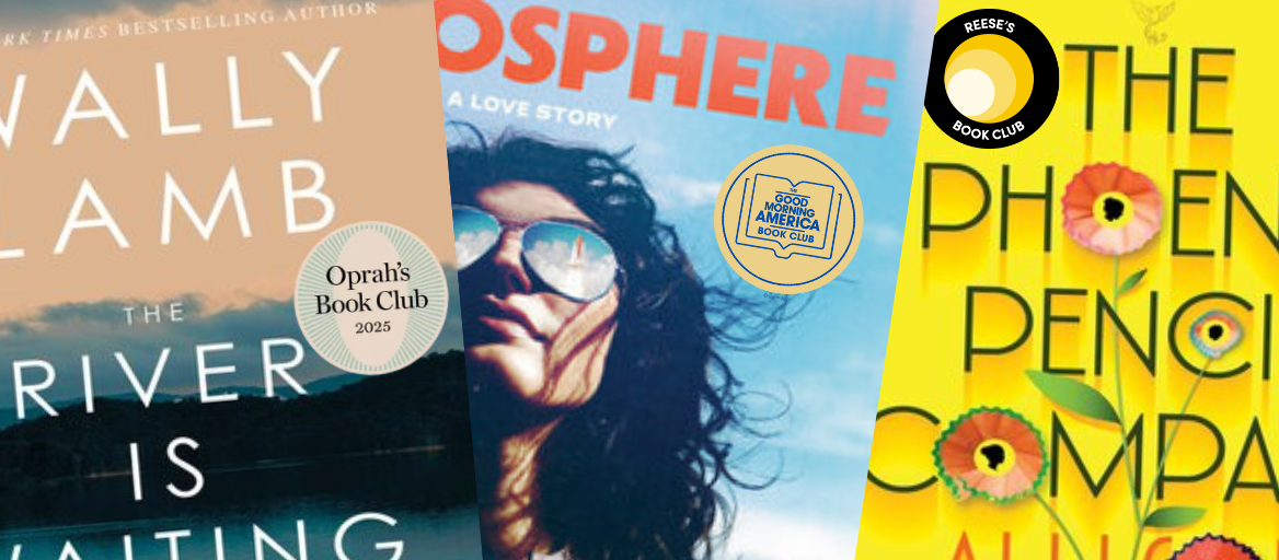 Book covers with a close-up of the emblems or logos on celebrity book club picks