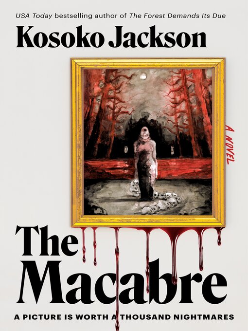 A haunting book cover featuring a white background and a golden canvas with blood dripping from it. At the center is a distorted, ghostly painting of a figure with hollow eyes, evoking a sense of dread.