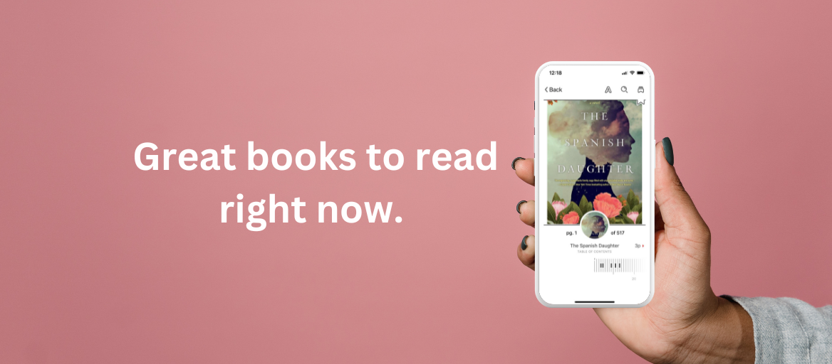 A hand holding a phone featuring a title on the Libby app with the words "Great books to read right now."