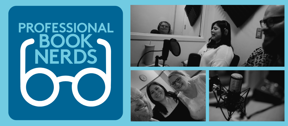 Professional Book Nerds logo and black-and-white photos of the hosts recording the podcast.