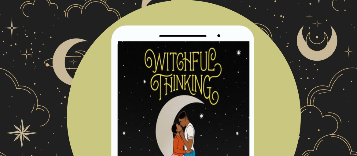 Background with stars and moons with ipad showing the cover of Witchful Thinking