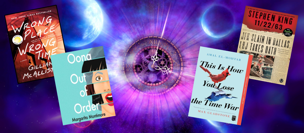 Blue and purple space-themed graphic with large clock and time travel books. 